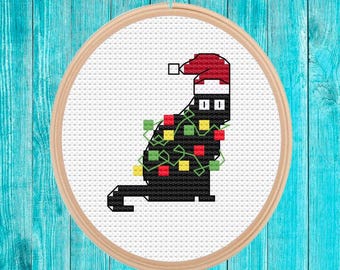 Black cat with Christmas lights small cross stitch mini cross stitch pattern pdf easy simple holiday gift quick stitch