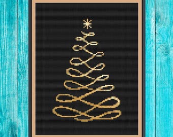 Christmas tree gold ribbon small cross stitch mini cross stitch pattern pdf easy simple holiday gift quick stitch