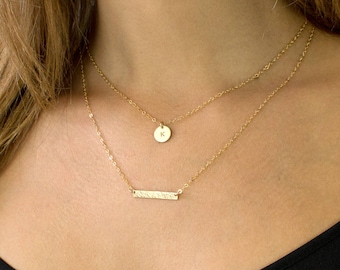 Personalized Layering Set, Delicate Gold Initial Necklace, Layered Necklace Set, Gold Bar Necklace for Her, Gift for Her,LEILAJewelryShop