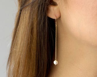 Pearl Chain Earrings, Long Dangle Earrings for Women, Dainty Earrings, Gift for Her, Bridal Earrings, 14k Gold Fill, Sterling Silver, E208
