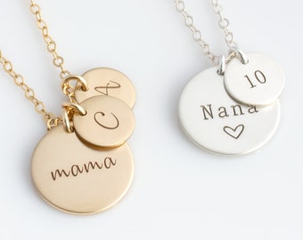 Gold Disc Mom Necklace, Mother's Day Gift, New Mom Necklace, Gift for Mom, New Nana Necklace, Personalized Disc Necklace, Gift for Her