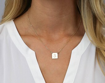Personalized Square Necklace, Initial Necklace, Dainty Necklace for Her, Gift for Her, Gold Bar, Silver Bar, LEILAJewelryShop, N207