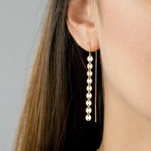 Pendientes enhebradores de monedas de oro, pendientes colgantes largos, pendientes minimalistas, plata de ley, relleno de oro de 14k, regalo para ella, LEILAJewelryshop, E209 imagen 1