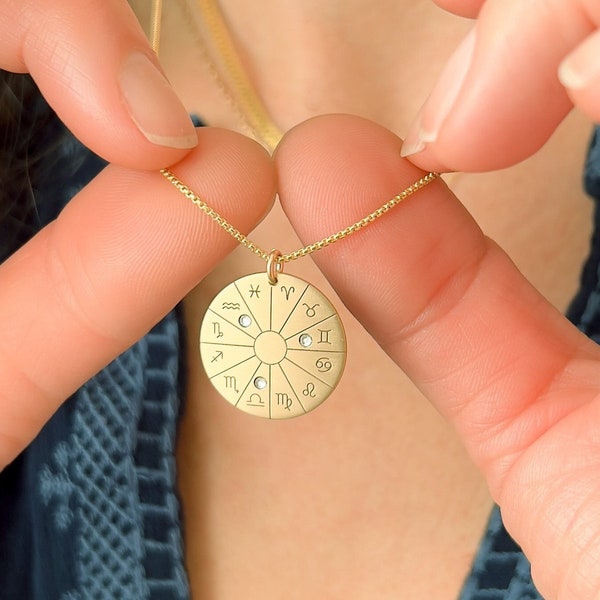 Zodiac Disc Necklace, Personalized Astrology Wheel, Zodiac Wheel Necklace, Sun Sign Necklace, Zodiac Necklace, Scorpio, Virgo, Pisces