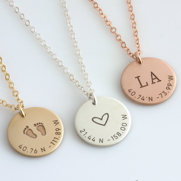 Coordinates Circle Necklace, Latitude Longitude Jewelry, GPS Location Necklace, Disc Necklace, Gold, Silver, Rose Gold, LEILAjewelryshop