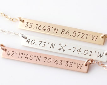 Custom Coordinate Necklace reversible/Latitude Longitude necklace/Location GPS Coordinates/Gold Filled, Silver, Rose Gold Fill/Holiday Gift