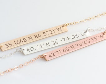 Custom Coordinate Bar Necklace • Location Necklace • Latitude Longitude • Personalized Name Bar in Gold Filled, Silver • Friend Gift