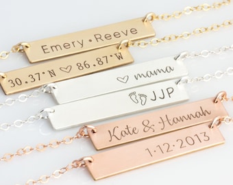 Personalized Horizontal Bar Necklace. Name Bar Necklace in Gold Fill, Silver, Rose Gold Fill. Custom Engraved Valentines Gift. Gift For Mom.