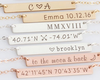 Coordinate Necklace, Custom Coordinates Bar Necklace, Latitude Longitude Engraved Bar Necklace in Gold Fill, Silver, Rose Gold, Gift For Her