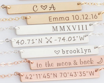 Skinny Personalized Bar Necklace, Custom Jewelry Gift, Engraved Delicate Necklace in Gold Filled Sterling Silver, Rose Gold, Roman Numeral