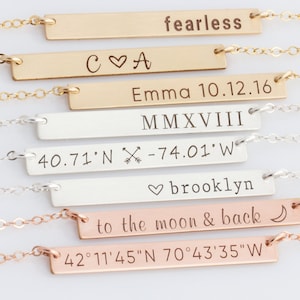 Coordinate Necklace, Custom Coordinates Bar Necklace, Latitude Longitude Engraved Bar Necklace in Gold Fill, Silver, Rose Gold, Gift For Her