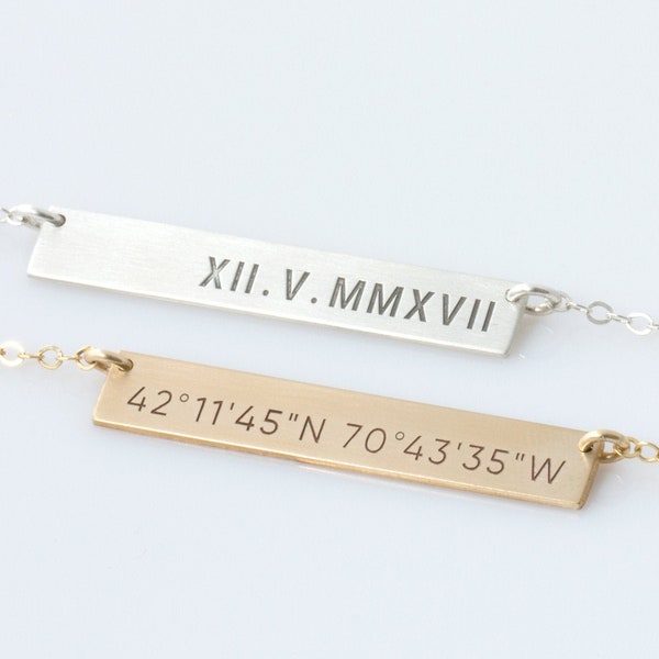 Roman Numeral Necklace - Nameplate Necklace - Personalized Bar - Mom Necklace - Gold Name Bar - 14k Gold Fill - Sterling Silver - Rose Gold