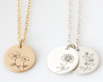 Personalized Birth Flower Necklace, Birth Month Mom Necklace, Daisy Poppy Rose Necklace, Mothers Gift Gold, Silver, Rose Gold Gift for Her