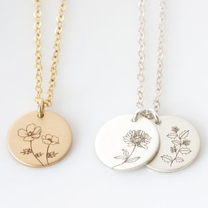 Personalized Birth Flower Necklace, Birth Month Mom Necklace, Daisy Poppy Rose Necklace, Mothers Gift Gold, Silver, Rose Gold Gift for Her