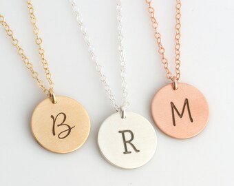 Initial Disc Necklace, Personalized Initial Necklace, Engraved Initial, Custom Circle,Monogram Necklace,Letter Necklace,Rose Gold Filled, V2