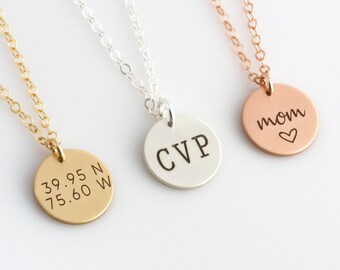 Dainty Engraved Disc Necklace, Personalized Disc Necklace, Engraved Monogram Necklace, 14K Gold Fill, Mothers Day Gift, LEILAJewelryShop