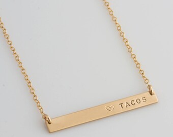 Taco Tuesday Necklace, Taco Necklace, Personalized Skinny Bar Necklace, Heart Tacos, Gold Bar Necklace, Gift for Her, LEILAjewelryshop