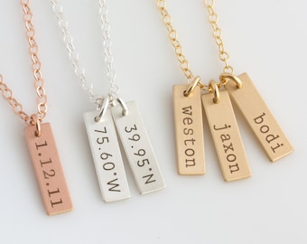 Personalized  Bar Tag Necklace Vertical Tag Necklace Names Dates Mom Necklace Custom Engraved Initial Necklace Gift for Mom Gift for Her