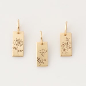Birth Flower Tag Charm for Necklace or Bracelet in 14K Gold Fill, Sterling Silver, or 14K Rose, Custom Flower Bar Charm by LeilaJewelryShop