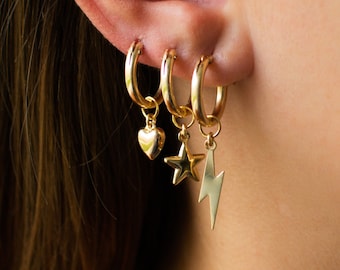 Gold Hoop Earrings with Charm, 14K Gold Filled Hoops With Heart, Star, Lightning Bolt Charm, Gold Huggie Hoop Earrings, Gifts For Her
