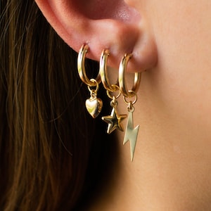 Gold Hoop Earrings with Charm, 14K Gold Filled Hoops With Heart, Star, Lightning Bolt Charm, Gold Huggie Hoop Earrings, Gifts For Her
