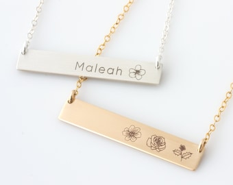 Birth Flower Bar Necklace, Flower Necklace, Mom Necklace, Gold Bar Necklace, Birthday Necklace, Daisy Poppy Rose Necklace, Gift for Her