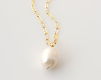 Pearl Necklace, Large Pearl Necklace on Paperclip Chain, 14k Gold Filled, Silver, Freshwater Pearl Necklace, Modern Necklace, Gift for Her