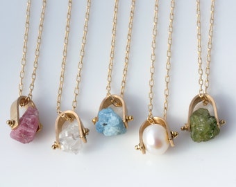 Dainty Raw Stone Necklace, Suspended Raw Gemstone, Natural Layering Necklace, Pink Tourmaline, Herkimer Diamond, Celestite, Pearl, Peridot