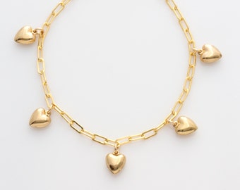 Heart Bracelet, 14k Gold Filled Puffy Heart Charm Bracelet, Valentine's Day Gift for Her, Dainty Gold Charm Bracelet, Layering Bracelet