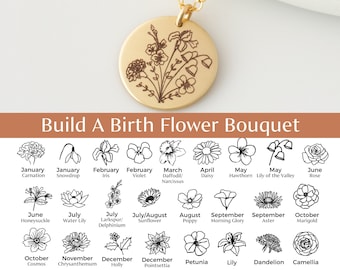 Mother's Day Gift For Mom, Combined Birth Flower Bouquet Necklace, Postpartum Gift, Birth Flower Necklace for Mom, Mother's Day Necklace