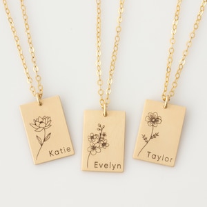 Birth Flower and Name Necklace, Mom Necklace, Personalized Rectangle Birth Flower Necklace, Daisy, Poppy, Rose Birth Flower Mom Necklace