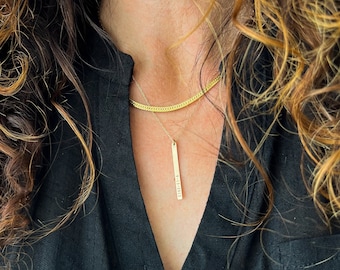 Vertical Thin Bar Necklace, Personalized Name Necklace, Mom Necklace, Date Necklace, Minimal Bar Necklace, Silver, Gold Filled, Gift for Her