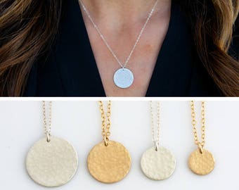 Hammered Layering Necklace, Hammered Gold Disc Necklace, Sterling Silver Gold Fill Circle Tag Necklace, Gift for her, LEILAjewelryshop, N274