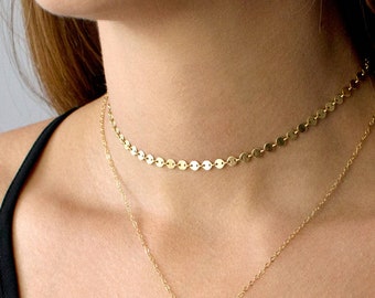 Gold Choker Necklace, Gold Coin Choker, Gold Tattoo Choker, Dainty Chain Choker, Boho Choker, Sterling Silver or 14K Gold Filled, N203