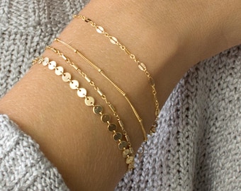 Dainty Chain Bracelet, Delicate Bracelets for Women, Layering Bracelet, Gold Chain, Coin, Tube, Lace, Satellite Chain, LEILAjewelryshop,B201