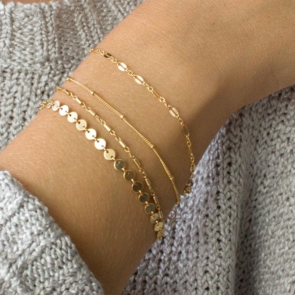 Dainty Chain Bracelet, Delicate Bracelets for Women, Layering Bracelet, Gold Chain, Coin, Tube, Lace, Satellite Chain, LEILAjewelryshop,B201
