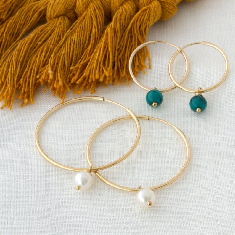 Turquoise Hoop Earrings, Pearl Hoop Earrings, Amethyst Hoop Earrings, Pearl Dangle Earrings, 14K Gold Filled Sterling Silver Hoop Earrings image 4