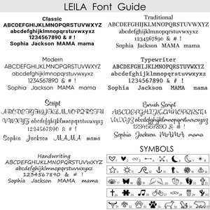 May include: A font guide for the Leila font, showing different styles including classic, traditional, modern, typewriter, script, brush script, and handwriting. The guide also includes a section of symbols.