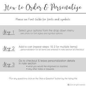 May include: A how-to guide for ordering and personalizing items. The guide includes three steps: select options from a drop-down menu, add to cart, and go to checkout to leave personalization details in the note section.