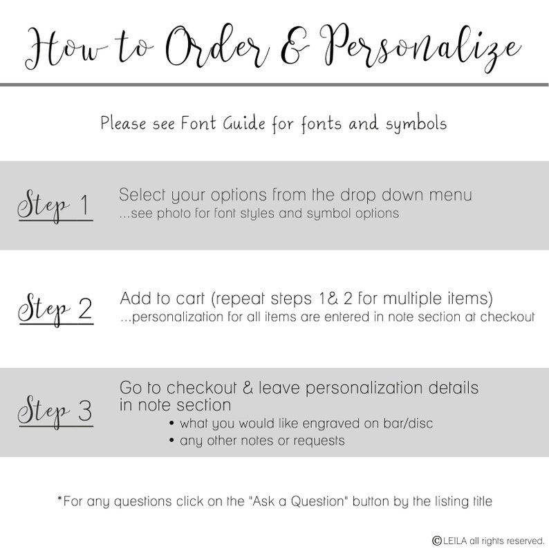 May include: A how-to guide for ordering and personalizing items. The guide includes three steps: select options from a drop-down menu, add to cart, and go to checkout to leave personalization details in the note section.