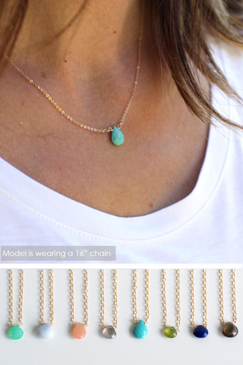 Teardrop Gemstone Necklace/Dainty Turquoise Pendant/Minimal Layering Necklace/Gift for Wife/Gift for Her/Bridesmaid Gift/Christmas Gift/N268 image 1