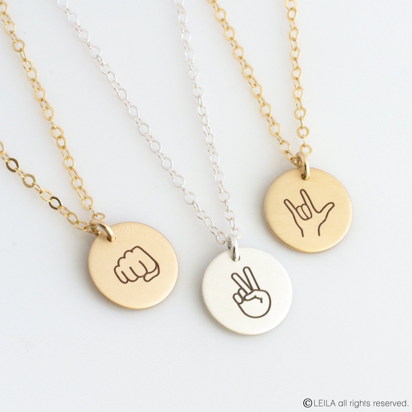 Resist Sign Language Gold Charm Disc Necklace