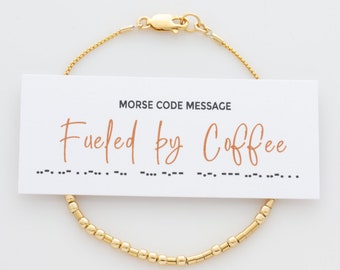 Fueled By Coffee Bracelet, Coffee Lover, Hectic Mom Life, Morse Code Bracelet, 14k Gold Filled or Sterling Silver, Mother's Day Gift