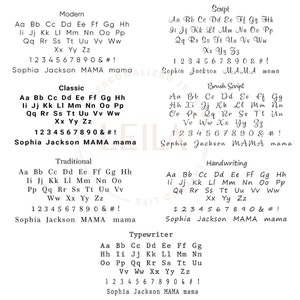May include: A graphic showing different font styles for the name "Sophia Jackson MAMA mama". The fonts include Modern, Classic, Script, Brush Script, Traditional, Handwriting, and Typewriter.