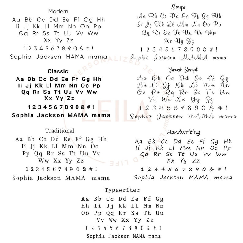 May include: A graphic showing different font styles for the name "Sophia Jackson MAMA mama". The fonts include Modern, Classic, Script, Brush Script, Traditional, Handwriting, and Typewriter.