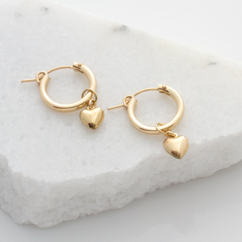 Gold Heart Hoops, Hoop Earrings, Heart Charm Earrings, Sterling Silver or Gold Filled Hoops With Heart Charm, Valentine's Day Gift For Her image 4