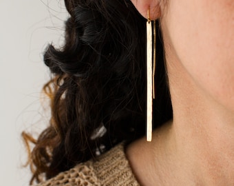 Long Hammered Bar Earrings, Gold Bar Threader Earrings, Long Dangle Earrings, 2.5" Bar Threader Earring Dangle in 14k Gold Fill or Silver