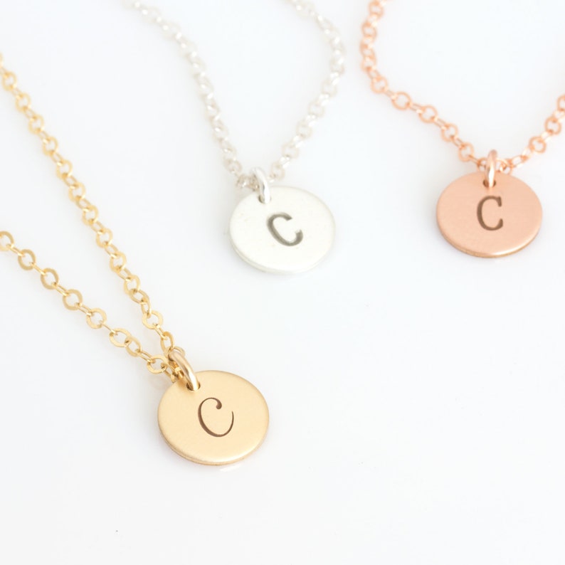 Gold Initial Necklace, Dainty Disc Necklace, Small Letter Necklace, 14k Gold Fill or Sterling Silver, Bridesmaid Gift, Birthday Gift image 4