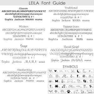 May include: A font guide for the Leila font, showing different styles including classic, traditional, modern, typewriter, script, brush script, and handwriting. The guide also includes a section of symbols with various icons.