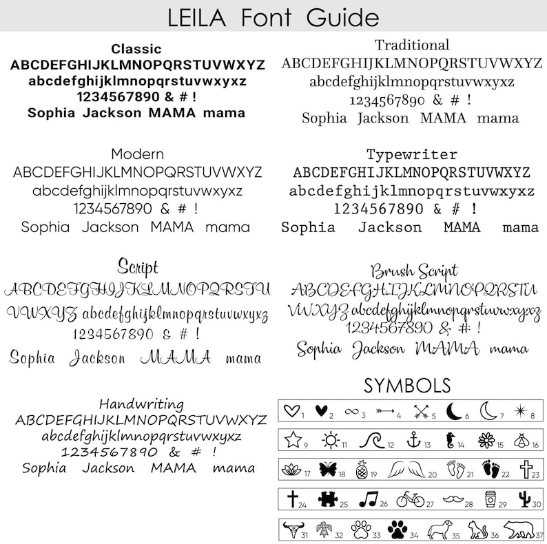 May include: A font guide for the Leila font, showing different styles including classic, traditional, modern, typewriter, script, brush script, and handwriting. The guide also includes a section of symbols with various icons.